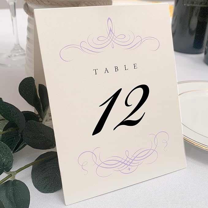Decadent Flourish Wedding Table Numbers (Select Color/Quantity), Champagne, Lavender, 1-100, Double Sided, Tent or Use in a Stand, Great for Parties & Restaurants
