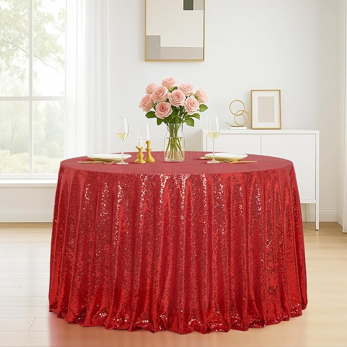 Eternal Beauty Red Tablecloth, 120 Inch Round Sequin Tablecloth for Mother's Day Party Cake Dessert Table Exhibition Events