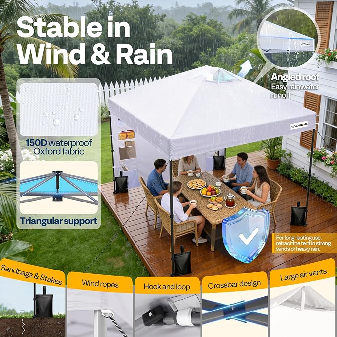 VIVOHOME 10x10ft Pop Up Canopy Tent with Sidewall and 6 Pockets, One Push Setup Outdoor Portable Shelter Tent Heavy Duty with Wheel Carry Bag and 4 Sandbags, White
