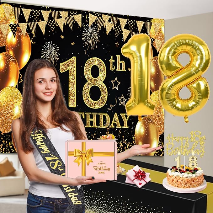 18th Birthday Decorations for Boys Girls with 18th Birthday Banner, Black and Gold Table Cloth, Number Balloons, Large Sash, Cake Topper and Candles