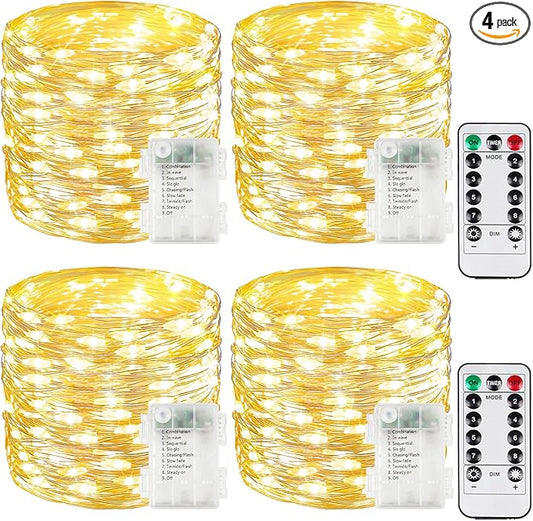 4 Pack 100 LED Fairy Lights Battery Operated with Remote, 8 Modes String Lights Indoor Outdoor, Cuttable Battery Light for Home Bedroom Wedding DIY Centerpiece Christmas Decorations (Warm White)
