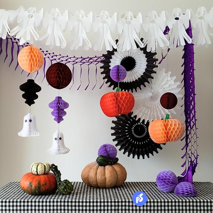 Plastic Free Paper Party Decoration Set - 15 Pieces, Halloween Party - Made in USA - Eco friendly Recycled Paper FSC Sustainable Recyclable Reusable Pack