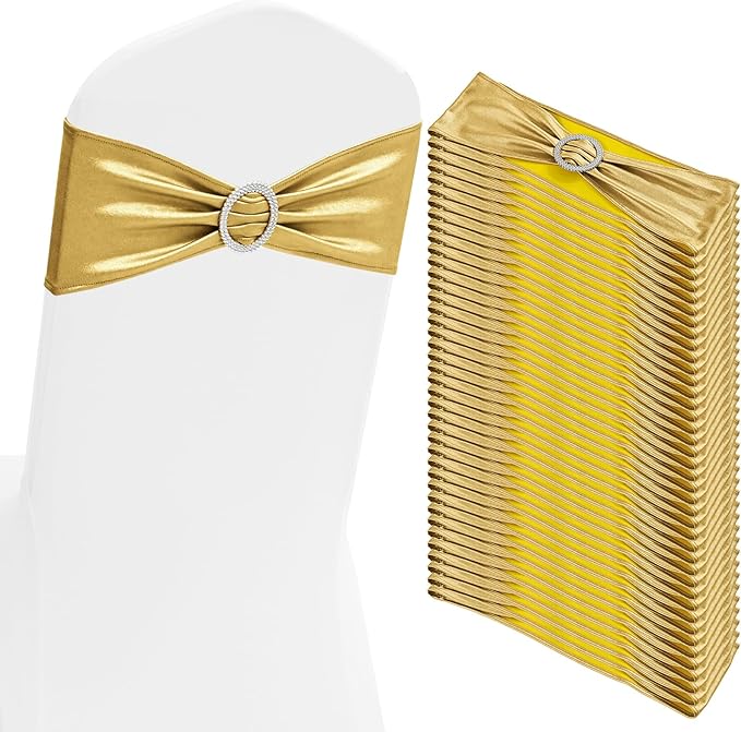 100 PCS Spandex Chair Sashes Bows Premium Stretch Chair Cover Band with Buckle Slider Universal Elastic Chair Ties for Wedding Party Ceremony Events Reception Banquet Decoration (Metallic Gold)