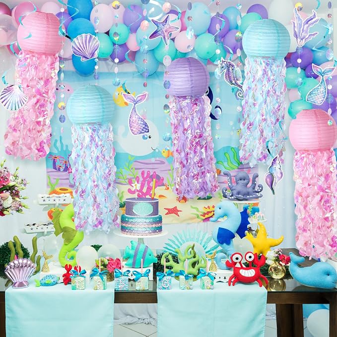 18 Pcs Mermaid Party Decorations Jellyfish Paper Lanterns Hanging Mermaid Garland Under The Sea Ocean Theme Party Supplies for Baby Shower Birthday Classroom Decoration