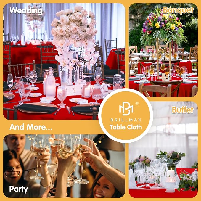 BRILLMAX 4 Pack Red Round Tablecloths 120 Inch for 60” Tables - 150 GSM Polyester Fabric, Floor Length Drop, Water, Stain & Wrinkle Resistant Cloth Cover for Wedding Reception Banquet Dining Party