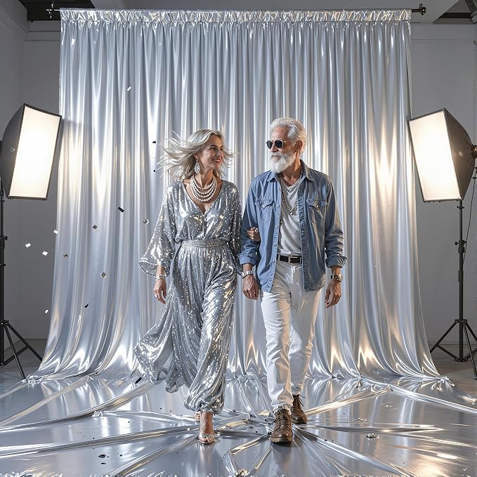 Silver Glitter Backdrop Curtains - 10x12FT Satin Photo Backdrop, Wrinkle-Free Shimmer Back Drop Cloth Shiny Drapes for Photobooth Wedding Birthday Parties Photoshoot Background Decorations