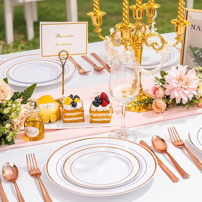 I00000 200 Pcs Rose Gold Plastic Plates, Disposable Party Plates Include 100 Gold Dinner Plate 10’’ and 100 Disposable Dessert Plate 7’’ Perfect for Party, Wedding & Birthday