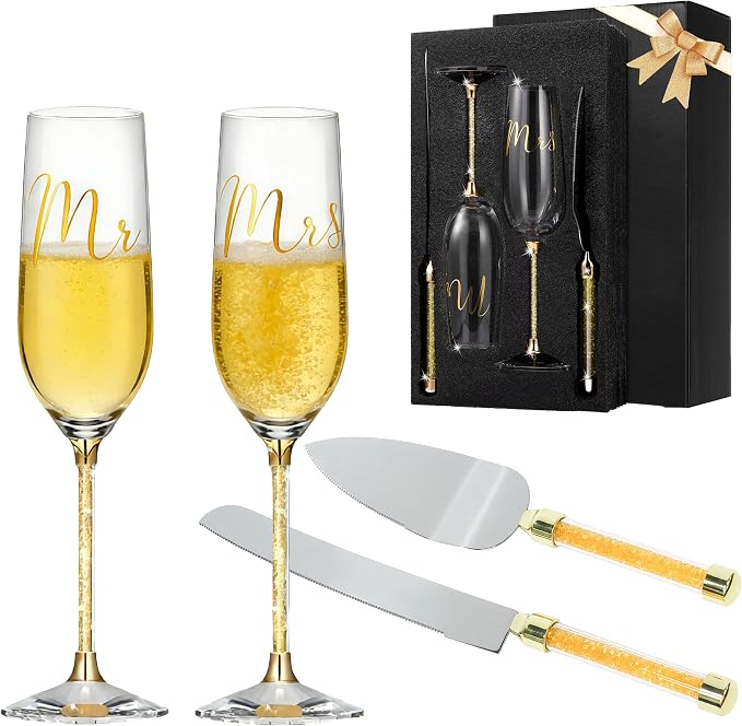 Wedding Cake Knife and Server Set, Mr and Mrs Champagne Flutes, Bride and Groom Champagne Glasses and Wedding Cake Cutting Set for Valentines, Wedding, Engagement, Bridal Shower Gifts (Gold)