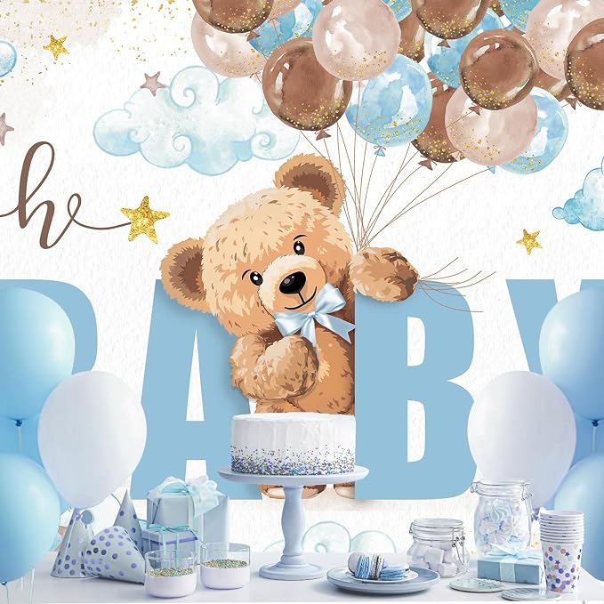 Oh Baby Bear Baby Shower Backdrop 7Wx5H Feet for Boys Brown Blue Balloons Lovely Clouds Gold Stars Polyester Fabric Cute Cartoon Photography Backgrounds Photo Shoot Decor Props Decoration