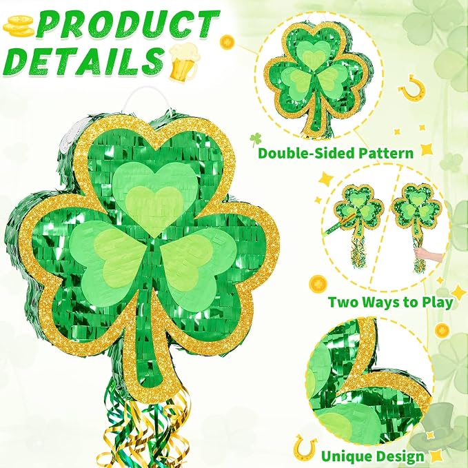 WERNNSAI Shamrock Piñata - Green Shamrock Decor Piñata with Bat & Blindfold, Party Game Supply with Shamrock Pattern (16" × 13.5" × 3")