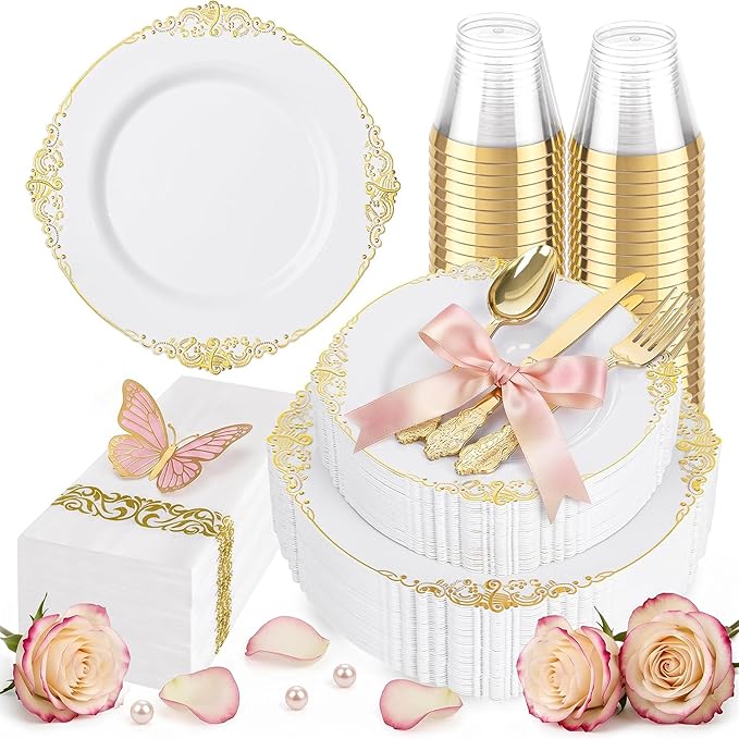 Hioasis 175pcs White and Gold Plates - White Party Plates for 25 Guest, Include 50 Heavy-duty Plates(20% Thicker Than Standard), 25 Cutlery Set, 25 Napkin, 25 Cups