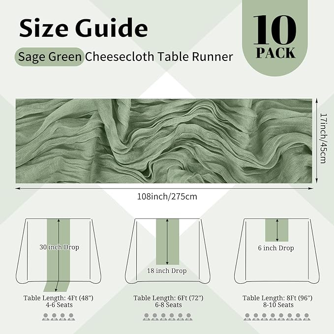 10 Pack Sage Green Cheesecloth Table Runner 17x108 Inch Semi Sheer Boho Gauze Cheese Cloth Table Runners, for Wedding Bridal Shower Birthday Party Home Decor Garden Farmhouse