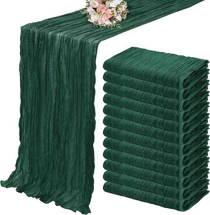 12 Pack Cheesecloth Table Runner 35 x 120 inch Long Boho Cheese Cloth Gauze Table Runners Semi Sheer Table Runner for Wedding Decor, Bridal Shower, Birthday Party (Emerald Green)