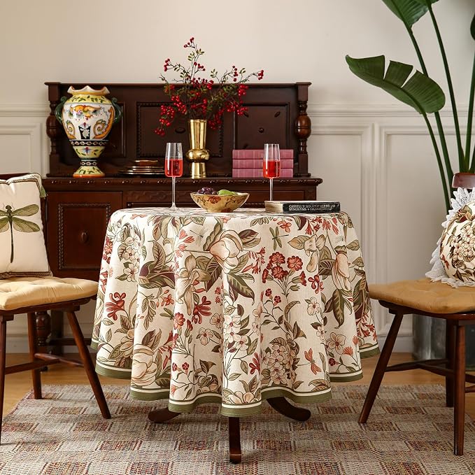 ISAENNE Designer Vintage Round Linen Tablecloth,Diameter 55"-Grace A | French Elegant Beautiful Durable Printed Table Cloth,Floral Pattern,Decoration,Heavyweight,Dining,Kitchen,Thanksgiving