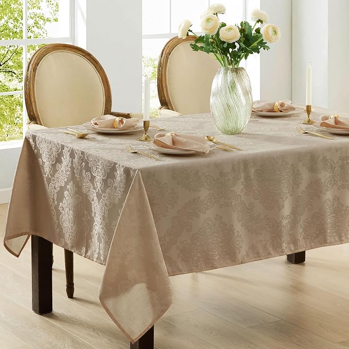 Newbridge Barcelona Luxury Damask Fabric Tablecloth, 60” Wide x 84” Rectangle, Golden Beige, 100% Polyester, No Iron, Soil Resistant Dining Room, Party and Banquet Table Cover
