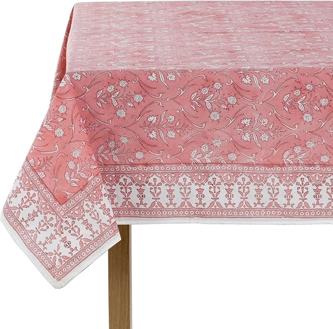 Ridhi Sweet Pink Hand Block Print Cotton Rectangle Tablecloth 102" x 48" inches Reusable Table Cover Decorative Everyday Use for Dining Room, Farmhouse, Home Gift for Spring, Mother's Day
