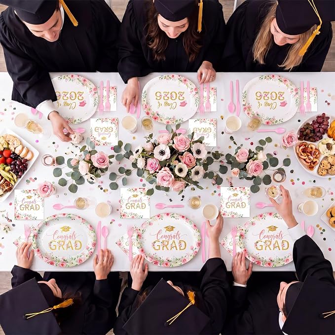 Pajean 350 Pcs Class of 2026 Floral Graduation Party Decorations 12 inch Disposable Pink Gold Floral Oval Plates Napkins Pink Heavy Duty Paper Tableware Set for 50 Guests Grad Party Supplies