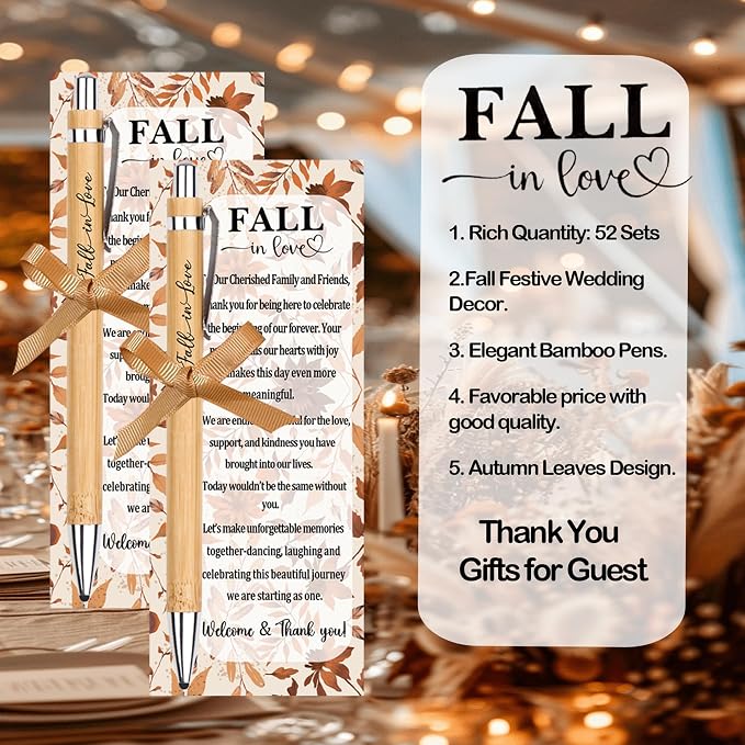 52 Packs Wedding Thank You Gifts for Guests Fall in Love Bamboo Pens Sets with Thank You Tags Autumn Wedding Give Away Bridal Shower Favors Bulk for Women