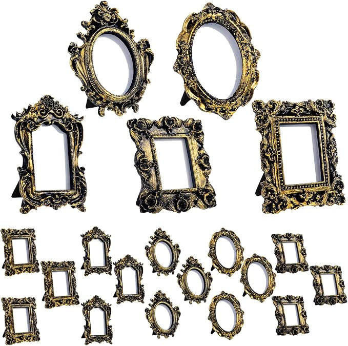 Maitys 20 Pcs Mini Picture Vintage Frames with Stands Tiny Antique Photo Baroque Ornate Resin Oval Frame Table Top Display Home Wedding Decor (Black Gold)