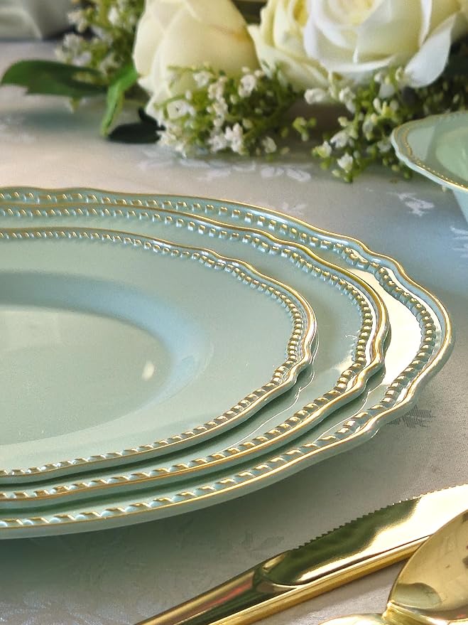 " OCCASIONS " 320pcs set (40 Guests)-Heavyweight Wedding Party Disposable Plastic Plate Set -40 x 10.25'' + 40 x 7.5'' + Silverware + Cups + Napkins (Rochelle Seafoam/Mint and Gold))