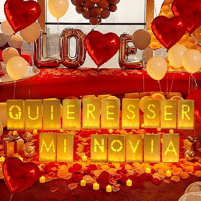 Quieres Ser Mi Novia Decorations, Light Up Letters Rose Petals LED Tea Lights Candles Latex Foil Balloons, Paper Luminary Bags for Her Proposal Anniversary Valentines' Day Decor