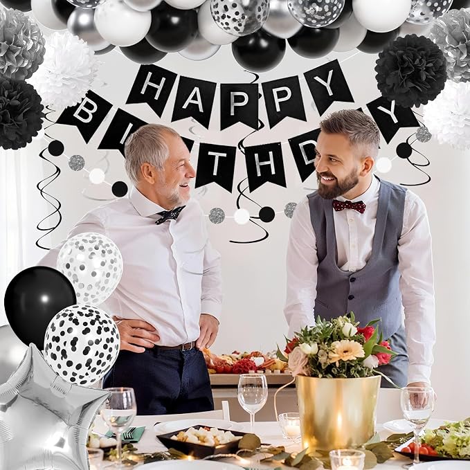 Black and White Birthday Party Decorations, Black Metallic Silver Confetti Balloons Happy Birthday Banner Fringe Curtains Hanging Swirls Circle Dots Paper Tassels Pompoms for Men Boys Party Supplies