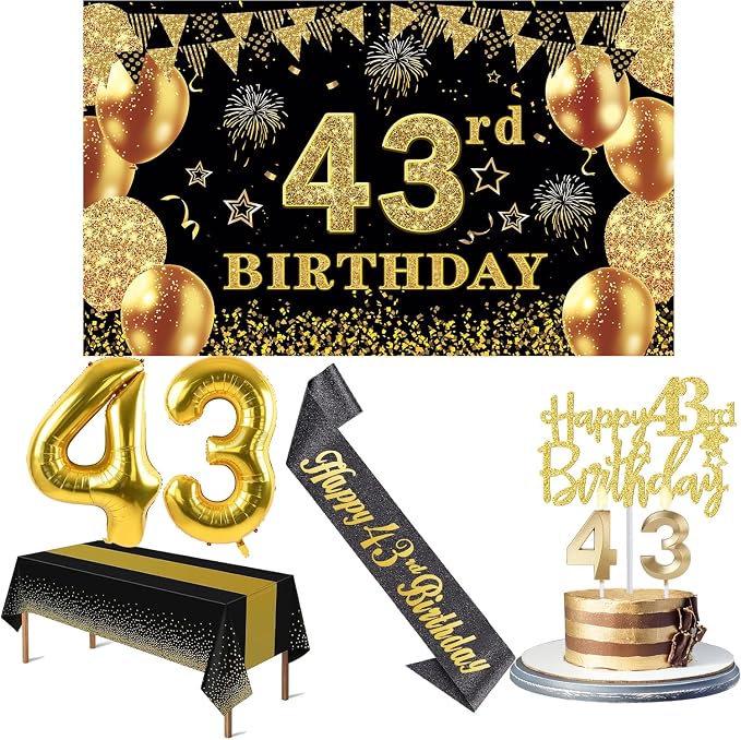 43rd Birthday Decorations Men Women with 43rd Birthday Banner, Black and Gold Table Cloth, Number Balloons, Large Sash, Cake Topper and Candles