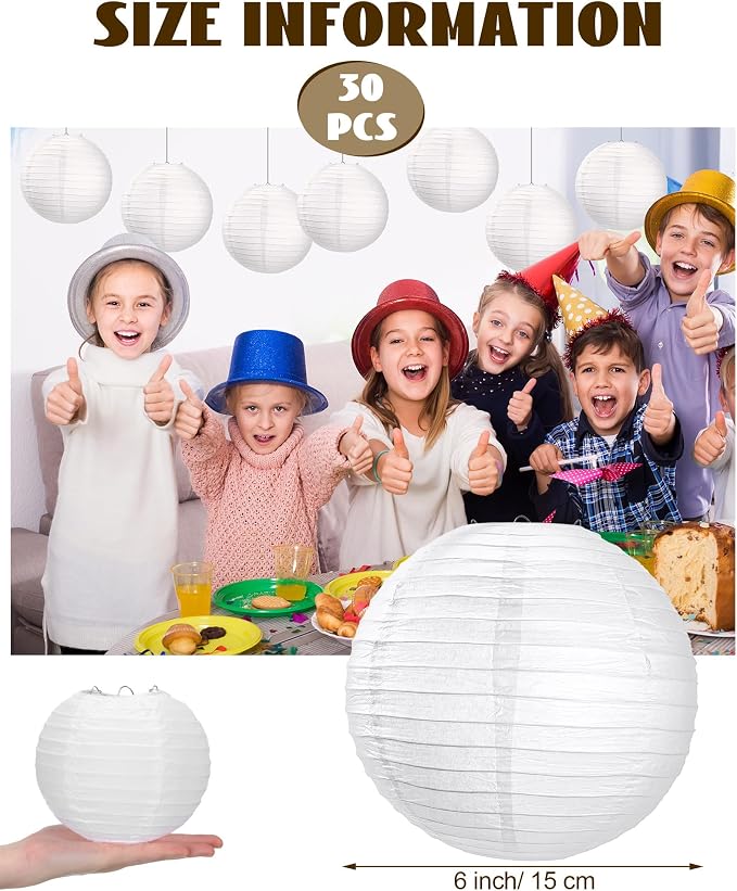 Treela 30 Pack White Chinese Japanese Paper Lanterns Decorative Hanging Round Paper Lantern Lamps for Wedding Birthday Party Decorations (6 Inch)