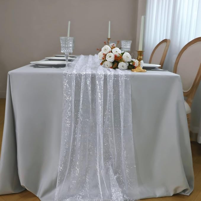 Snowkingdom White Silver Table Runner Gauze Sheer Tulle 10 FT 120 Inch Sparkly Metallic Foil Glitter Sequin Party Table Decor Centerpieces for Party Wedding Bridal Baby Shower Christmas New Year