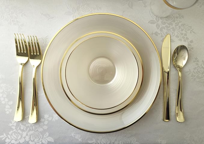 " OCCASIONS " 50 Plates Pack (25 Guests)-Wedding Party Disposable Plastic Plate Set -25 x 10'' Dinner + 25 x 7'' Salad & Dessert plates (Belize in Ivory & Gold)