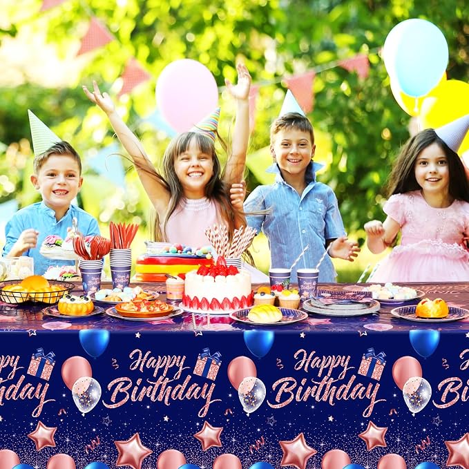 Norme 176 Pcs Navy Blue and Rose Gold Birthday Tableware Set for Women Birthday Decoration Includes Tablecloth Paper Plates Napkins Paper Cups Forks Knifes Straws for 25 Guests Party Supplies (Bright)