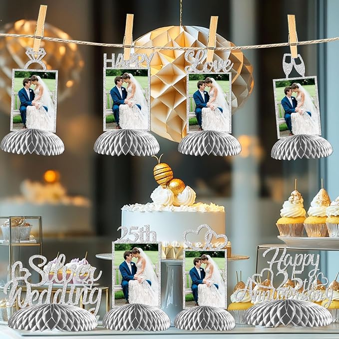 25th Wedding Anniversary Decorations, 25th Silver Wedding Photo Table Centerpieces Happy 25 Anniversary Table Toppers Honeycomb Decorations We Still do 25 Years Cheers to 25 Years Supplies