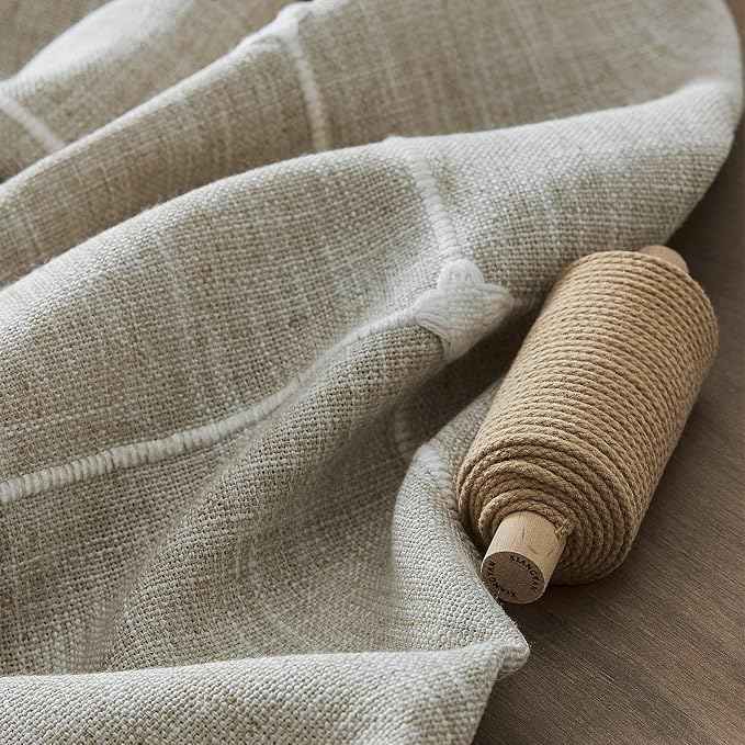 ZeeMart Grid Embroidered Hemmed Tablecloths, Raw Linen 52x52 Inch, Farmhouse Style Heavy Weight Cotton Linen Beige Tablecloths, Boho Plaid Water Resistant Square Table Cloth