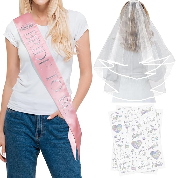 Elegant Bride to Be Sash Set – Embroidered Sash, Plain Veil & Temporary Tattoos – Bridal Shower Hen Night Bachelorette Party Accessories