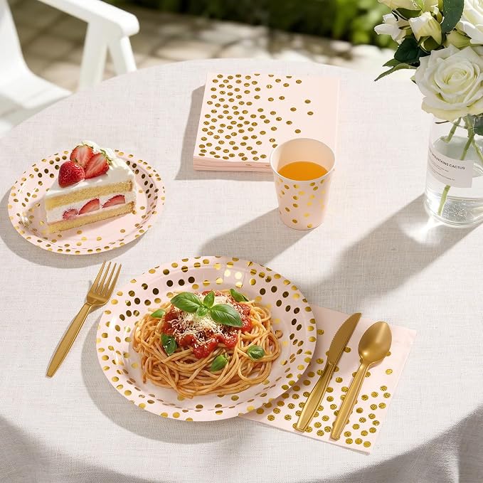 Goodlluck 350PCS Pink Gold Foil Polka Dot Disposable Party Tableware Set, 50 Guests | 9" & 7" Golden Dot Disposable Paper Plates, 9oz Cups, Napkins & Gold Cutlery for Birthday, Wedding & Baby Shower