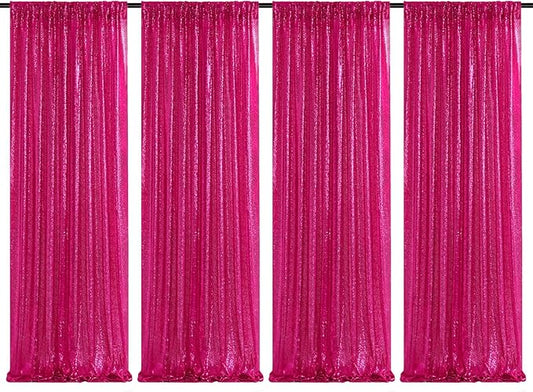 4 Pieces 2FTx8FT Fuchsia Sequin Backdrop Curtain Panels Stage Backdrop Background for Christmas Party Decoration Wedding Party Background Drapes