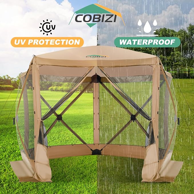 COBIZI 10x10 FT Pop up Gazebo, Popup Canopy Tent,Instant Screened in Gazebos, Waterproof Portable Outdoor Small Screen Tents Sun Shelter,carpas para Patio for Camping, Garden and Backyard,Khaki