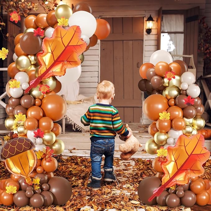 2 Set Fall Balloon Arch Kit Adjustable Fall Column Stand Thanksgiving Balloon Towers with Pinecone Maple Leaves Balloons for Thanksgiving Autumn Harvest Baby Shower Birthday Party Decoration