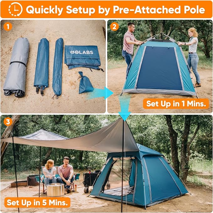 Golabs Pop Up Camping Tent for 2/3/4 Person, 1-Min Setup by Pre-Attached Pole, 4 Side Mesh& Door for View/Airflow, CT2 Instant Canopy Tent with PU1500mm Waterproof, for Outdoor/Camping/Music Festivals