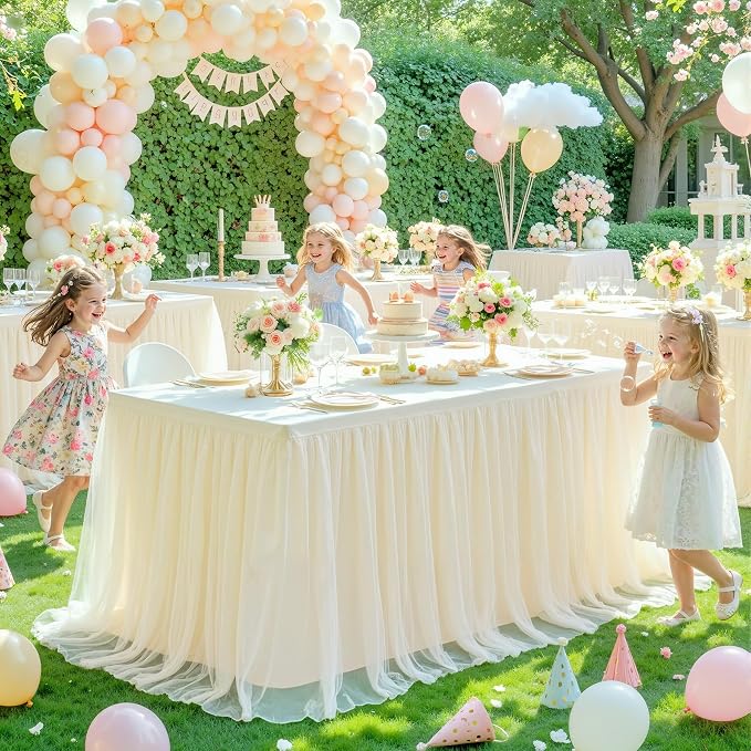 4 Pack Champagne Table Cloth for 6 Foot Rectangle Tables, Stretch Fitted Tulle Table Covers Skirt, Rectangular Ruffle Tutu Tablecloth Wedding Banquet Baby Shower Cake Tablecloths Decorations