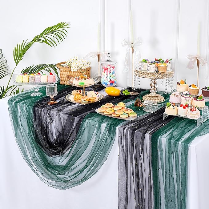 Pearl Gauze Tulle Table Runner: Black 120 Inch 10FT Seasonal Sheer Dining Holiday Wedding Birthday Baby Shower Table Decor for Home Party Indoor Outdoor