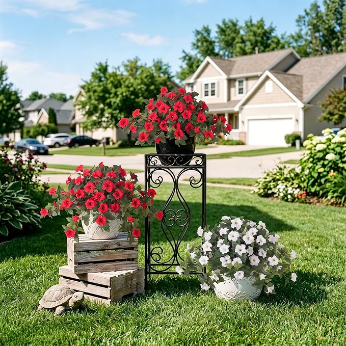 Ammyoo 2PCS Artificial Petunias Flowers Fake Plants for Outdoor Decoration | UV Resistant Faux Silk Flower No Fade for Outside Home Garden Balcony Yard Porch Window Box Realistic Indoor Decor(Red)