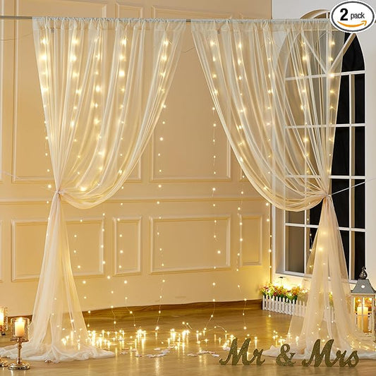 Champagne Sheer Curtains with Lights String Tulle Curtain for Living Room Bedroom Parites Wedding Birthday Decorations 2 Panels 60" Wｘ84 L