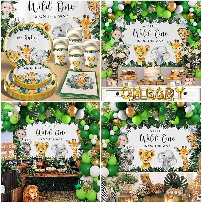 Yuzioey 224PCS Safari Baby Shower Decorations, Jungle Animals Oh Baby Party Supplies, Safari Disposable Dinnerware (Serve 24 Guests)with Paper Plates Cups, Backdrop Tablecloth Balloon Garland Kit