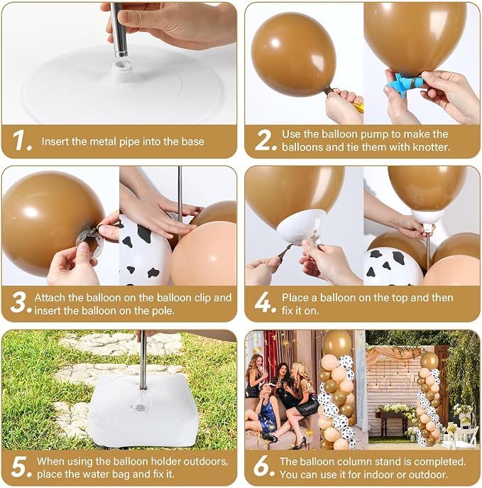 2 Sets Western Cowboy Brown Balloon Column Stand Kit with 102 Balloons Adjustable Balloon Tower Stand with Bases for Cow Print Floor Balloons Column Kit for Kids Boy Birthday Baby Shower Party Decor