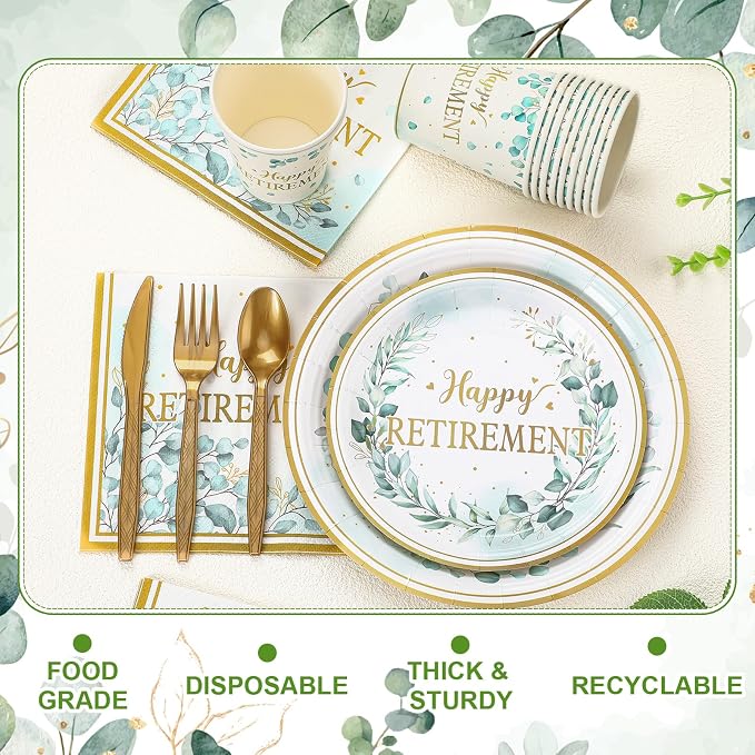 Yungyan 252 Pcs Sage Green Retirement Party Tableware Set Happy Retirement Plates Napkins Cups Forks Knives Spoons for Retired Party Decoration Favors 36 guests