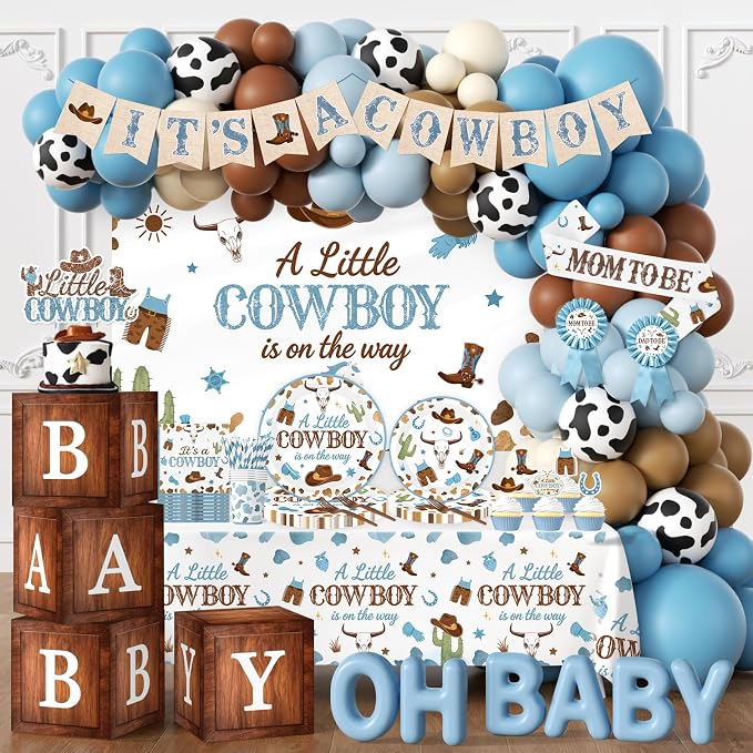 Cowboy Baby Shower Decorations for Boy, All-in-1 Retro Western Baby Shower Decorations with Balloon Arch Baby Boxes Plates Napkins Cake Toppers Tablecloth Backdrop Banner for Cowboy Rodeo Baby Shower