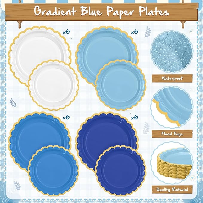 Mimorou 169 Pcs Royal Blue and Gold Party Supplies for 24 Guests, Gradient Blue Scalloped Paper Plates Napkins Cups Gold Cutlery for Ocean Sea Graduation Baby Shower Birthday Wedding Party Decorations