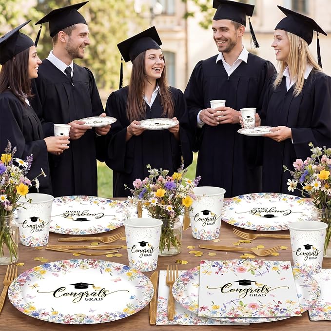 Pajean 350 Pcs 2026 Graduation Party Decorations Wildflower Graduation Oval Plates and Napkins Flowers Heavy Duty 12 inch Disposable Tableware Set for 50 Guests Class of 2026 Grad Party Supplies