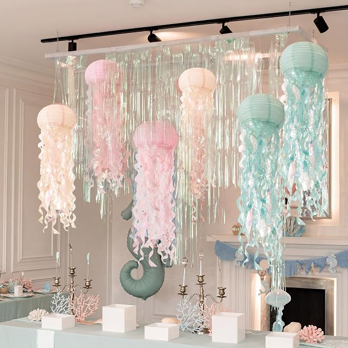 Junkin Mermaid Party Decorations Large Hanging Jellyfish Paper Lanterns 32'' Jellyfish Ornaments with Hooks Rope for Under The Sea Birthday Baby Shower Ocean Party Classroom Beach Room Decor